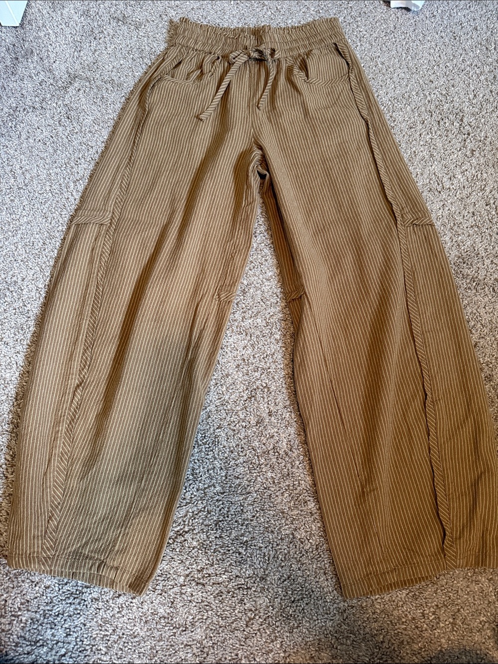 Free People Ribbed Wide-Leg Drawstring Pants in Tan